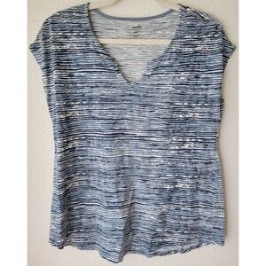 Sonoma Blue White Striped Top Women’s PM Petite Medium Split Neck Short Sleeve